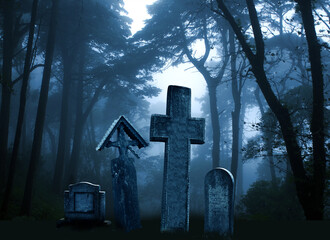 Wall Mural - Halloween scene with medieval stone crosses and  tombstones in a cemetery