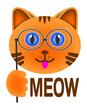 Cute bright ginger kitten with blue eyes in pince-nez and the word meow