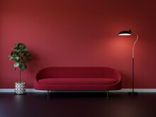 Minimal Style Sofa In Empty Red Wall Room 3d Render,There Are Black Floor Decorate With Luxury Black And Gold Lamp