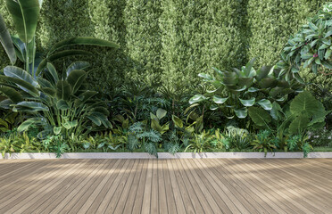 Empty wooden terrace with green wall 3d render,There are wood plank floor with tropical style tree garden background sunlight shine on the tree