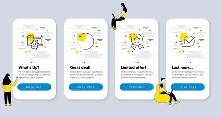 Set of Education icons, such as Work home, Ranking star, Recovery data icons. UI phone app screens with people. Checkbox line symbols. Outsource work, Winner medal, Backup info. Approved. Vector