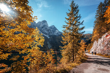 Fototapete - Incredible nature landscape. Popular travel and hiking pas near Gosausee Vorderer lake. Salzkammergut, Gosau Valley, Upper Austria, Europe. Amazing sunny day on the mountain lake. Stunning Wild nature