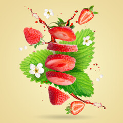 Wall Mural - Strawberry berries levitating on a yellow background. Strawberry background.