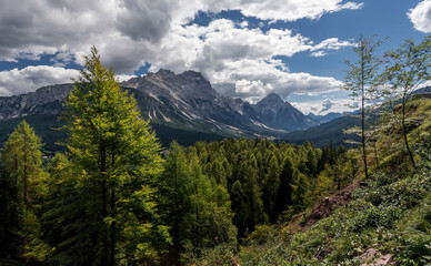 Fototapete - Wonderful Aerial landscape image. Splendid autumn scenery of Dolomites mountains. Amazing nature of Italy,