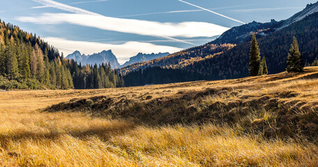 Fototapete - Autumn nature landscape of mountain valley. Beautiful summer sunrise in mountains. Stunning nature scenery. Dolomites alps. Italy. Panorama image. Vivid natural background