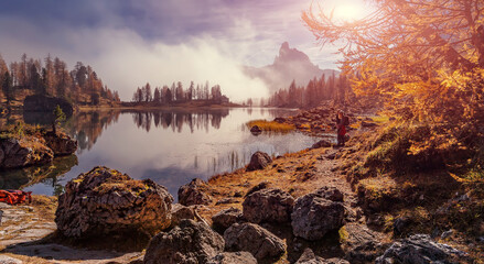 Fotobehang - Fantastic Vivid nature landscape. Scenic image of Federa lake during sunset. Popular travel and hiking destination. Picture of wild area. Awesome nature Background. Concept of an ideal resting place.