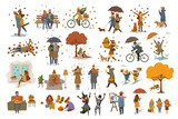 Fototapeta Pokój dzieciecy - autumn fall thanksgiving halloween people outdoor and at home cartoon set, man woman couples children walk with umbrellas, dogs, in the park, ride bikes, read book, sit on bench, lying on leaves
