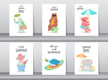 Set Of Summer Beach Animals Hand Drawn Style,cards,poster,template,greeting,cute,animal,Vector Illustrations