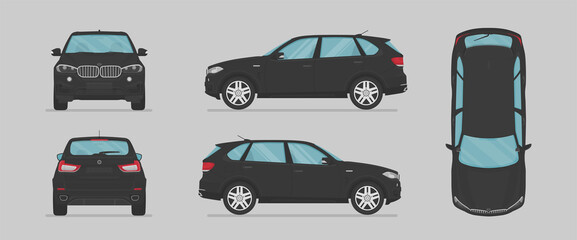 Wall Mural - Vector black suv car. Side view, front view, back view, top view. Cartoon flat illustration, car for graphic and web