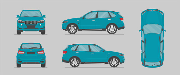 Wall Mural - Vector blue suv car. Side view, front view, back view, top view. Cartoon flat illustration, car for graphic and web