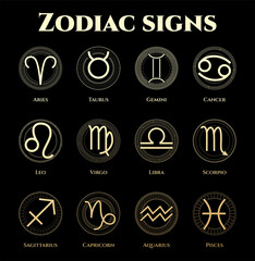 Wall Mural - vector illustration of zodiac signs in black and gold