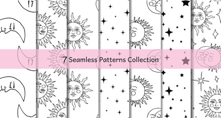 Wall Mural - Monochrome seamless patterns set with black ink hand drawn sun, moon and stars on white background. Celestial bodies repeat textures. Vector illustration.