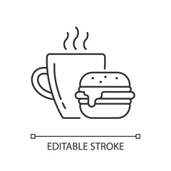 Poster - Lunch linear icon. Burger and drink in cup. Coffee mug with sandwich for dinner. Thin line customizable illustration. Contour symbol. Vector isolated outline drawing. Editable stroke