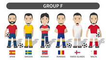 European Soccer Cup Tournament Qualifying Draws 2020 And 2021 . Group F . Football Player With Jersey Kit Uniform And National Flag . Cartoon Character Flat Design . White Theme Background . Vector .
