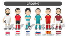 European Soccer Cup Tournament Qualifying Draws 2020 And 2021 . Group G . Football Player With Jersey Kit Uniform And National Flag . Cartoon Character Flat Design . White Theme Background . Vector .