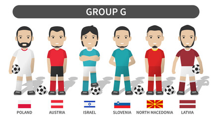 Aufkleber - European soccer cup tournament qualifying draws 2020 and 2021 . Group G . Football player with jersey kit uniform and national flag . Cartoon character flat design . White theme background . Vector .