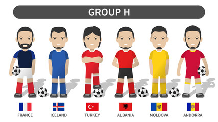 Aufkleber - European soccer cup tournament qualifying draws 2020 and 2021 . Group H . Football player with jersey kit uniform and national flag . Cartoon character flat design . White theme background . Vector .