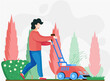 Gardener working on backyard and mowing lawn with electric mower. Male handyman cutting grass in garden. Colored flat cartoon vector illustration of professional worker takes care of beauty of garden