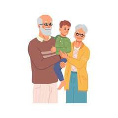 Wall Mural - Happy family, grandparents spending time with grandson. Grandmother and grandfather senior people caring for small kid and cuddling boy. Childhood and parenthood. Flat cartoon character, vector