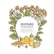 Background with mustard plant and sauce, engraving vector illustration isolated.