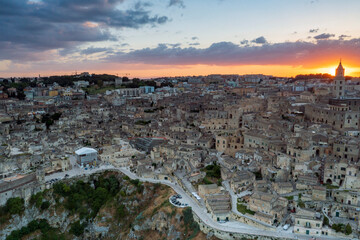 Wall Mural - Aerial view of Matera at sunset, the city of stones, in Basilicata. a landscape
 very beautiful