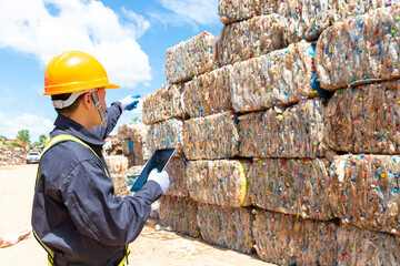 An employee at a recycling plant is pointing to plastic waste being sent to the recycling process. Engineer looking and pointing forward.