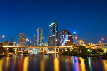 Sticker - Tampa skyline at night with Hillsborough river in the foreground