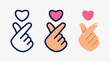 Korean Finger Heart Hand Gesture Icon Set in Thick Line and Flat Design Style.