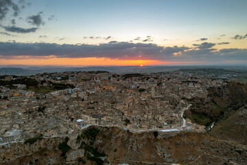 Wall Mural - Aerial view of Matera at sunset, the city of stones, in Basilicata. a landscape
 very beautiful