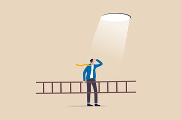 Business hope to solve crisis problem, plan and strategy to reach achievement, ladder of success concept, businessman holding ladder looking at hope light planning to climb and escape through hole.