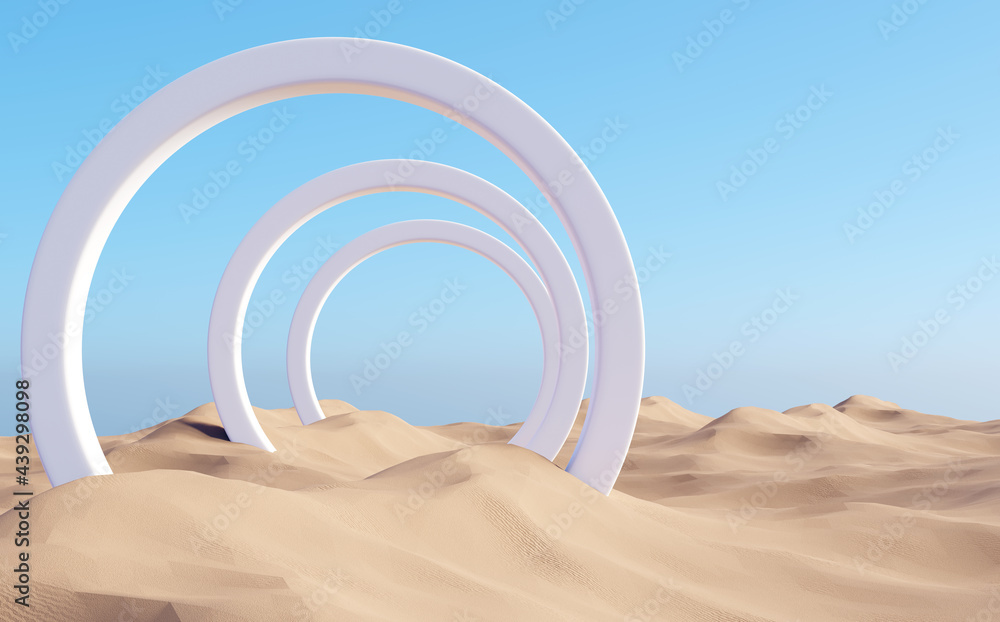 Surreal desert landscape with white arch constructions in perspective - obrazy, fototapety, plakaty 