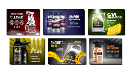 Sticker - Car Products Creative Promotion Posters Set Vector. Engine Oil And Shampoo, Liquid Wax And Glass Cleaner Blank Bottles And Packages Products On Advertise Banners. Style Concept Template Illustrations