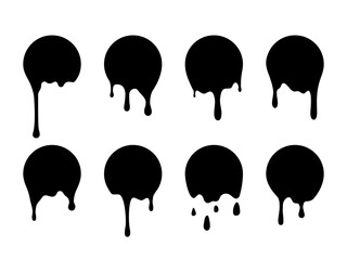 Wall Mural - Drip paint stickers. Black melted badges. Ink stains. Dripping circles set. Round shape silhouettes with flowing drops. Abstract graffiti elements. Fluid textures. Vector dirty spots