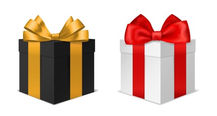 Wall Mural - Box gift with bow. Black and white 3d luxury presents with red and gold bows. Holiday and birthday surprises. Closed cardboard wrapping containers angle view, vector realistic set