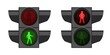 Pedestrian traffic light. Realistic crosswalk regulation equipment. Road crossing. 3D street device semaphores with red and green lamps. Safety walking intersection. Vector stoplights