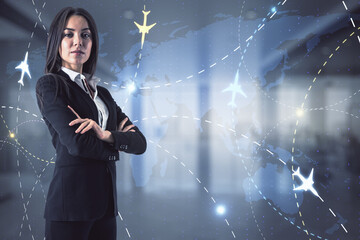 Wall Mural - Thoughtful businesswoman standing in blurry office with glowing map and airplane hologram. Travel and online booking concept. Double exposure.