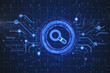 © Who is Danny - Futuristic electronic search system concept with digital magnifier in a circle and circuit with internet technology icons on abstract dark background
