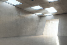 Industrial Spacious Hall With Concrete Interior Design, Tunnel Entrance And Lights From Ceiling. 3D Rendering, Mock Up