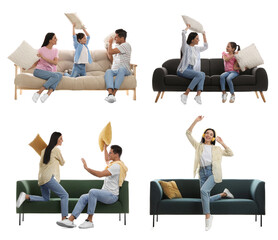 Sticker - People resting on different stylish sofas against white background, collage