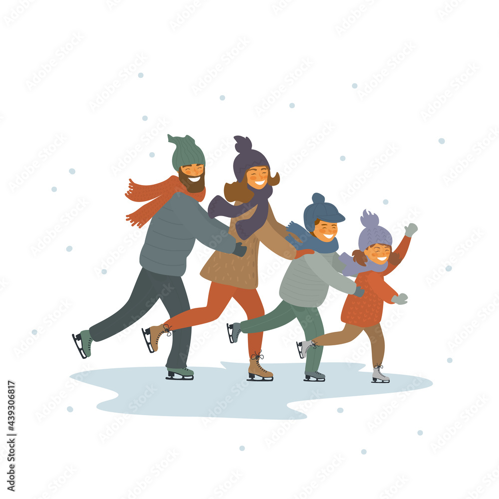 cute cartoon family, kids and parents ice figure skating together on ...
