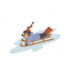 Cute Child Riding Winter Wooden Vintage Sled In Snow  Isolated Vector Illustration