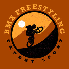 logo design BMX freestyling expert sport with silhouette man riding bicycle with scenery simple vector