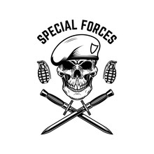 Special Forces. Crossed Knives And Grenades With Soldier Skull In Military Beret. Design Element For Logo, Label, Sign, Emblem. Vector Illustration