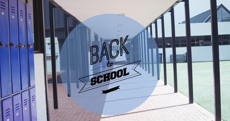 Wall Mural - Composition of text back to school in black on blue circle and school corridor background