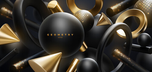 Wall Mural - black and golden geometric shapes backdrop. abstract elegant background.
