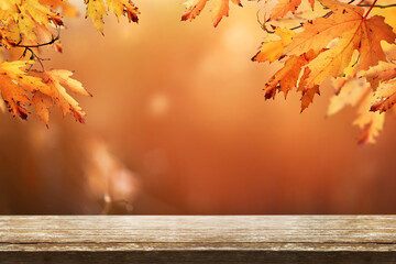 Wall Mural - a wood table product display with copyspace and a golden brown autumn background of leaves for thank