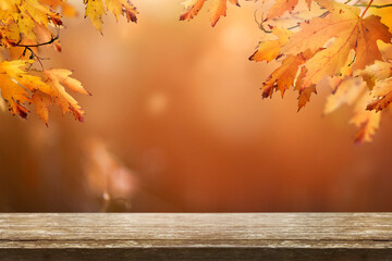 A wood table product display with copyspace and a golden brown autumn background of leaves for Thanksgiving and other seasonal messages.