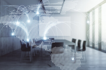 Wall Mural - double exposure of abstract digital world map hologram with connections on a modern meeting room bac