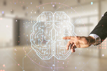 Wall Mural - man hand clicks on virtual creative artificial intelligence hologram with human brain sketch on blur