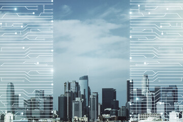 Wall Mural - Abstract virtual microscheme illustration on Los Angeles skyline background. Big data and database concept. Multiexposure